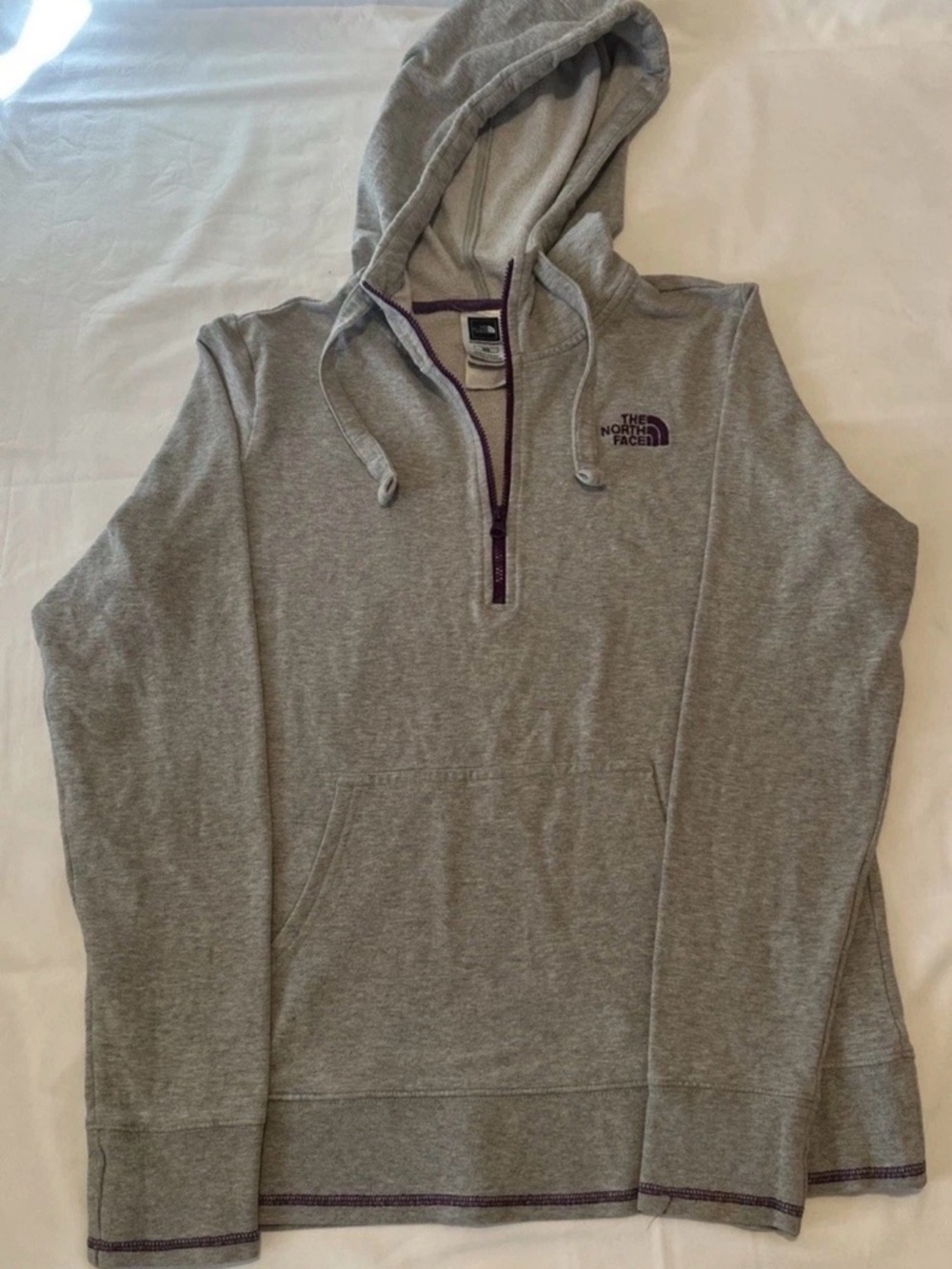 The North Face Light Gray Hoodie with Purple Trim